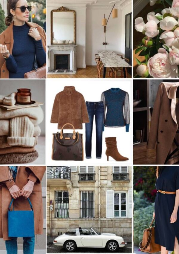 Outfit blu con caramello