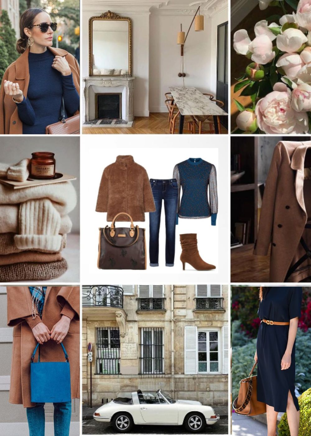 Outfit blu con caramello